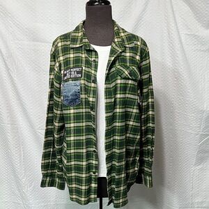 Upcycled Green Plaid Button-Up Flannel Shirt with Denim Pocket